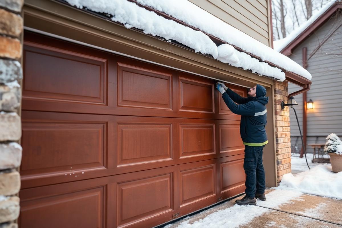 Technician inspecting garage door weatherstripping in winter