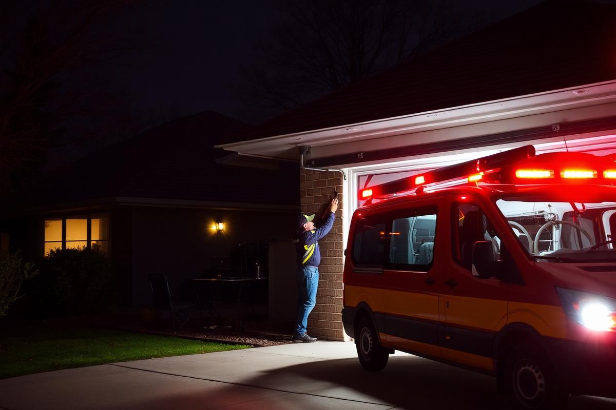 Emergency garage door repair service van at night with technician working