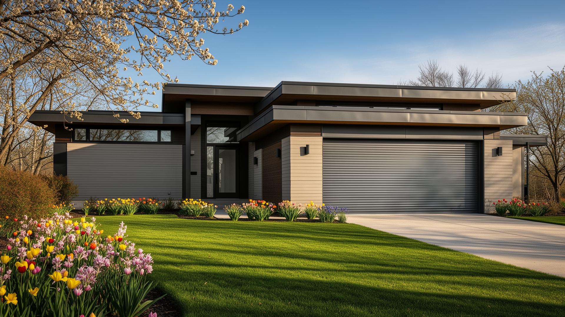 Modern prairie style home with industrial ribbed steel roll-up garage door in Pomfret CT