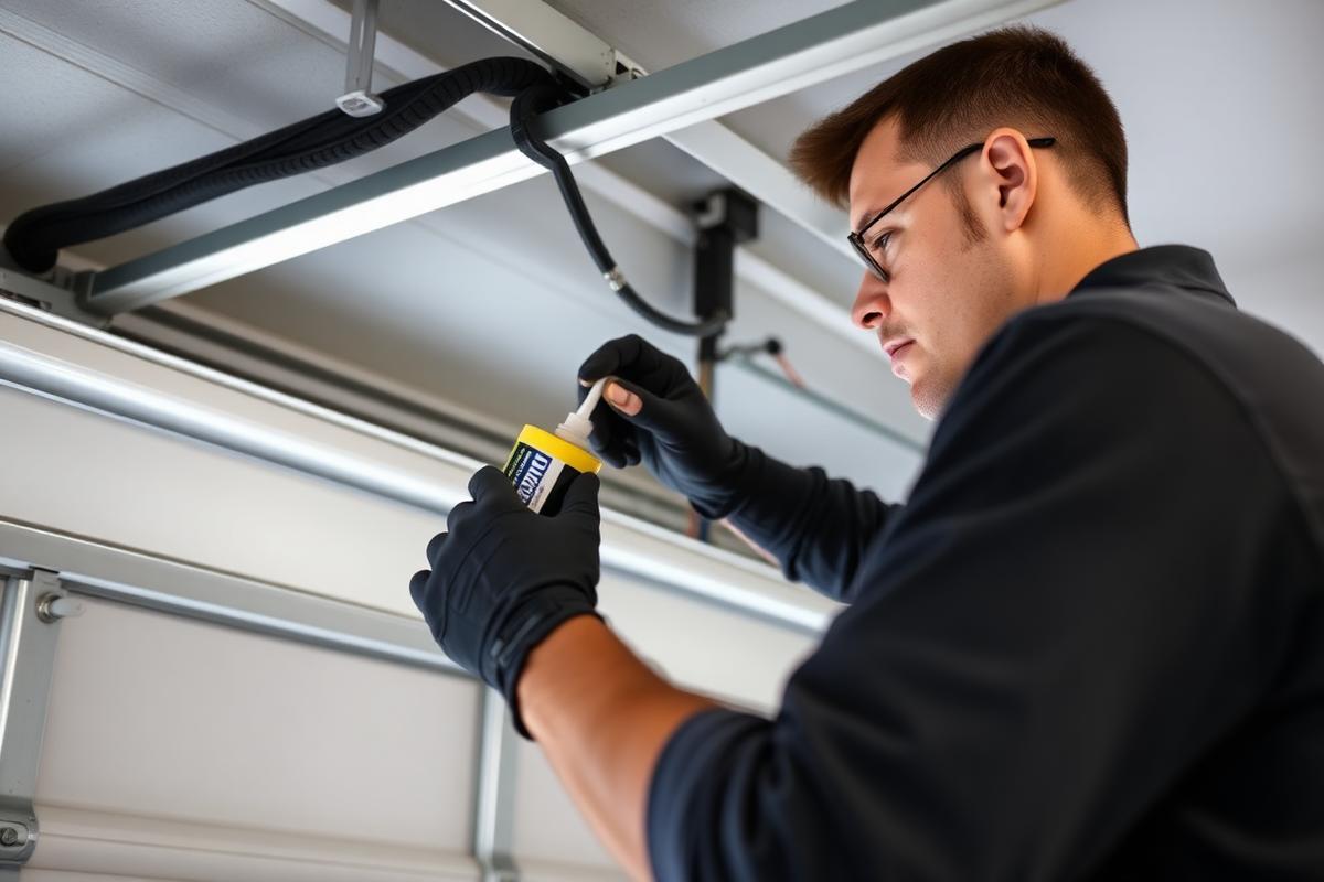 Professional garage door maintenance service with technician lubricating mechanism